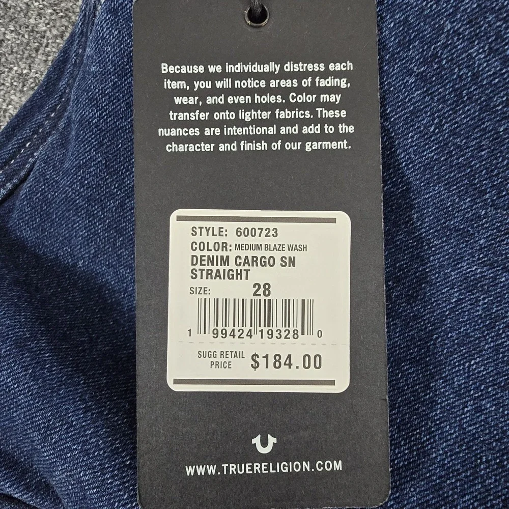 New True Religion Denim Cargo SN Straight Jeans Medium Blue Wash 28 600723